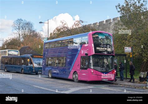 Electric double decker bus operated by First bus in York city, England ...