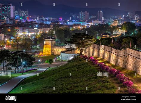 The old walls of Hwaseong Fortress lit up at night in Suwon, South Korea Stock Photo - Alamy