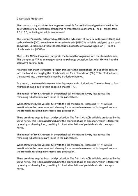 Gastric Acid Production - The pH ranges from 1 to 3, indicating an ...