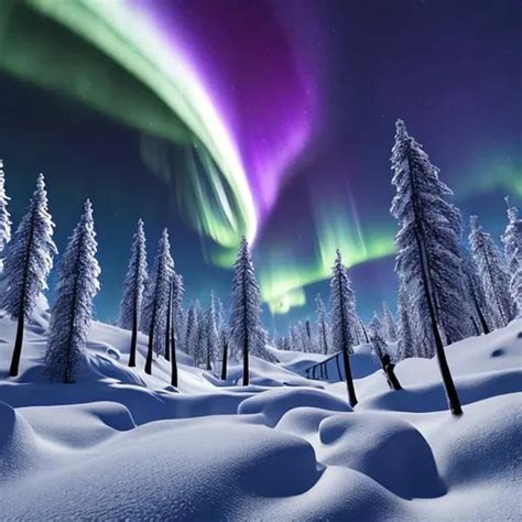 A snowy landscape with northern lights reflecting in...