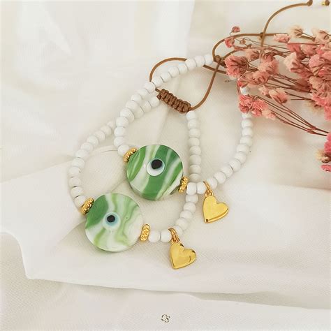 green evil eye bracelet in 2021 | Green bead, Evil eye bracelet, Green eyes