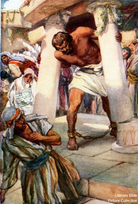 Judges 16 Bible Pictures: Samson knocking down the pillars