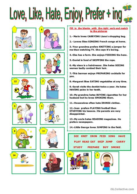 LOVE, LIKE, ENJOY, HATE, PREFER + VE…: English ESL worksheets pdf & doc