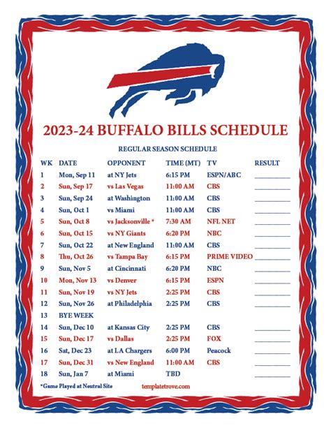 Printable 2023-2024 Buffalo Bills Schedule