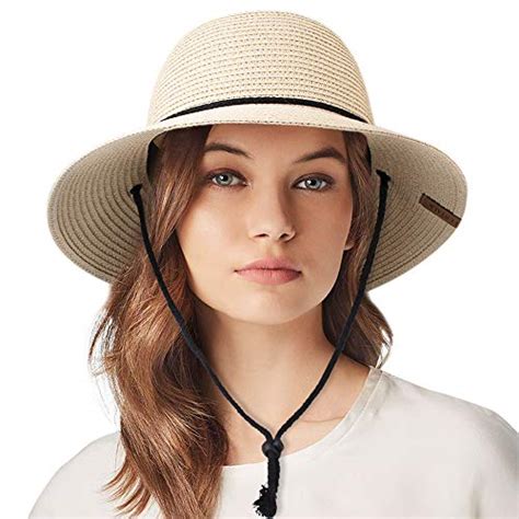 Large Brim Straw Hat Summer Hats for Women 1Flat Top Sun Hat Chin Strap ...