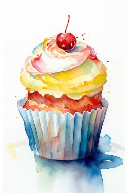 Premium Photo | A watercolor painting of a cupcake with a cherry on top.