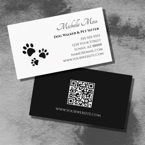 Paw Prints QR code Black White Pet Sitter Business Card | Zazzle