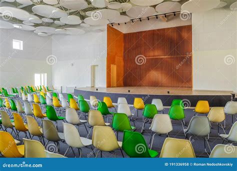 School Assembly Hall with Stage for Performance and Rows of Seats Stock ...