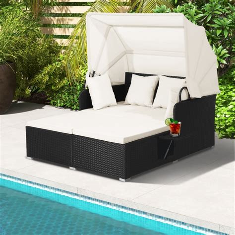 Patio Rattan Daybed with Retractable Canopy and Side Tables - Costway