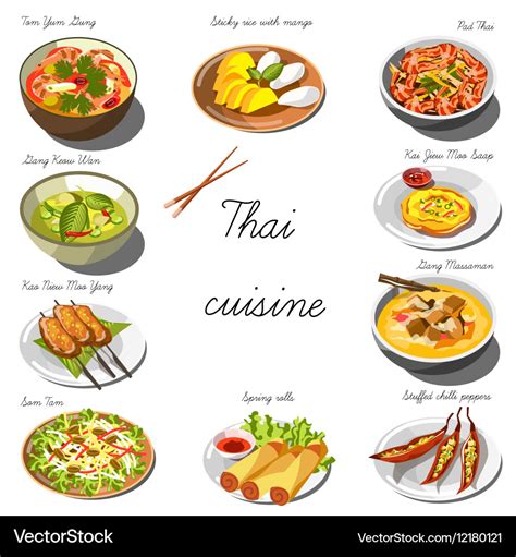 Thai cuisine set collection of food dishes Vector Image