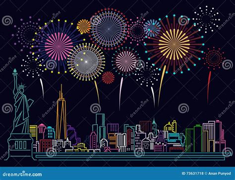 New York Skyline Fireworks Illustration Stock Illustrations – 20 New York Skyline Fireworks ...