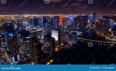 Downtown Miami Aerial Night Skyline Stock Image - Image of water ...