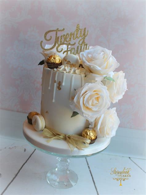 White and gold drip cake with ferrero rocher and silk roses by Storeybook Cakes | 24th birthday ...