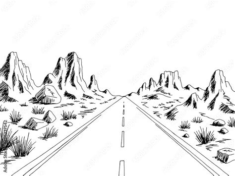 Prairie road graphic black white desert landscape sketch illustration vector Stock Vector ...