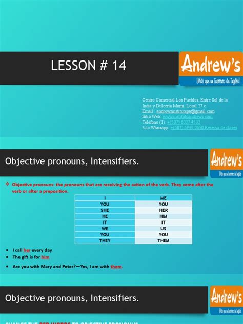 Objective Pronouns and Intensifiers: A Lesson on Grammar Structures | PDF | Noun | Verb