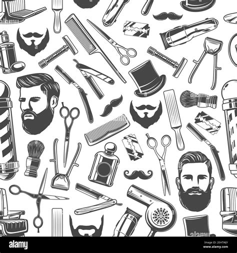 Barbershop pattern background. Vector seamless design of hipster mustaches, beard and gentleman ...