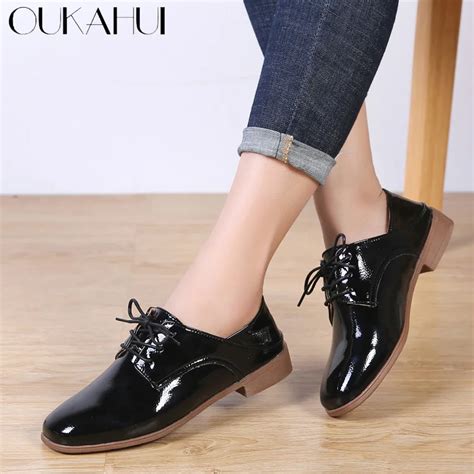 OUKAHUI British Style Black Patent Leather Oxford Shoes For Women ...