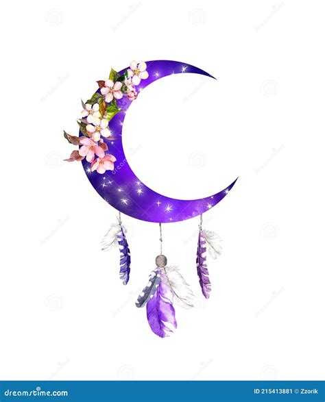 Watercolor Illustration - Crescent Moon with Stars, Flowers and Feathers. Boho Vintage Design ...