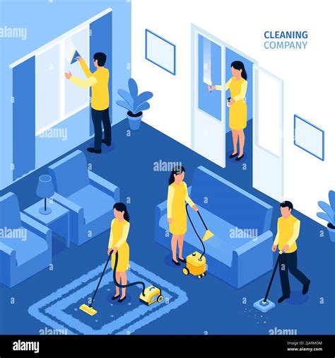 Cleaning company isometric background with team of employees in uniform working with different ...