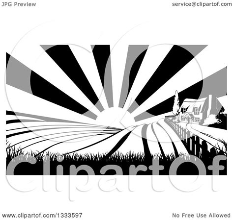 Clipart of a Cottage Farm House on a Hill with the Sunrise and Fields in Black and White ...