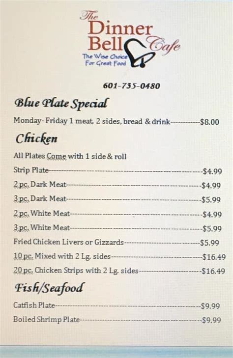 Menu at THE DINNER BELL RESTAURANT, Waynesboro, 601 Mississippi Dr