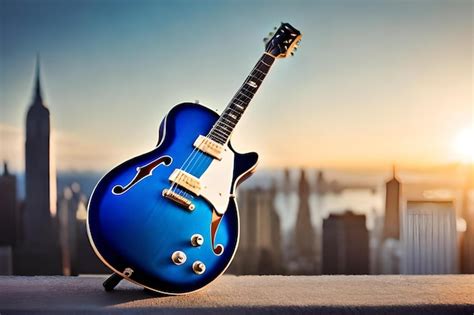 Premium Photo | A blue electric guitar with a city in the background