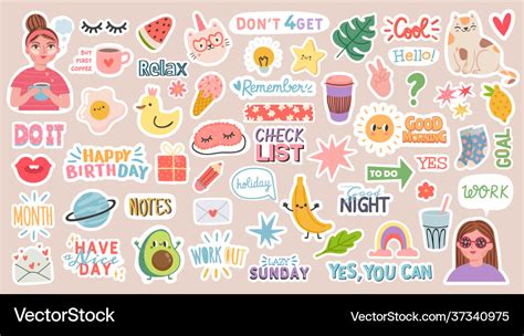 Diary stickers words characters and quotes Vector Image