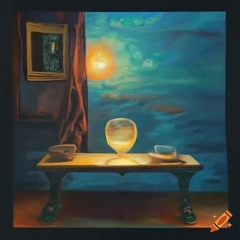 Impressionist surrealist painting of tv light reflection on glass coffee table at night on Craiyon