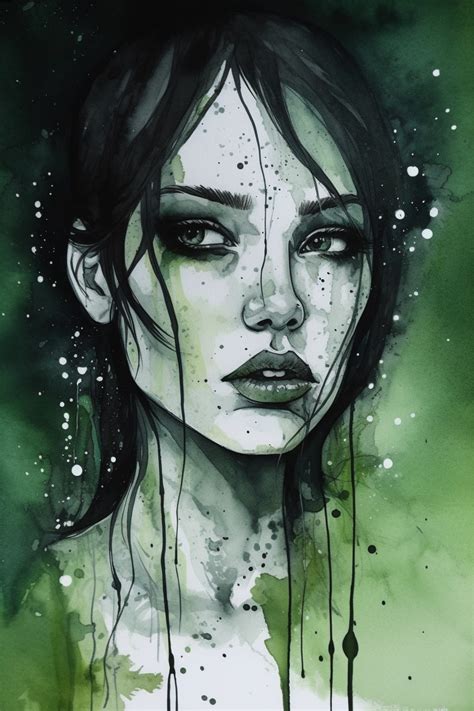 a painting of a woman's face with green watercolor paint