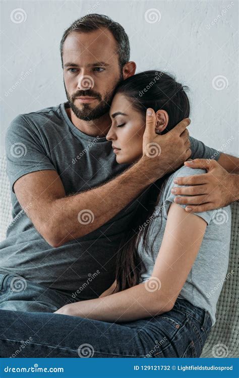 Bearded Man Supporting and Hugging Stressed Sad Woman Sitting Stock Photo - Image of couple ...