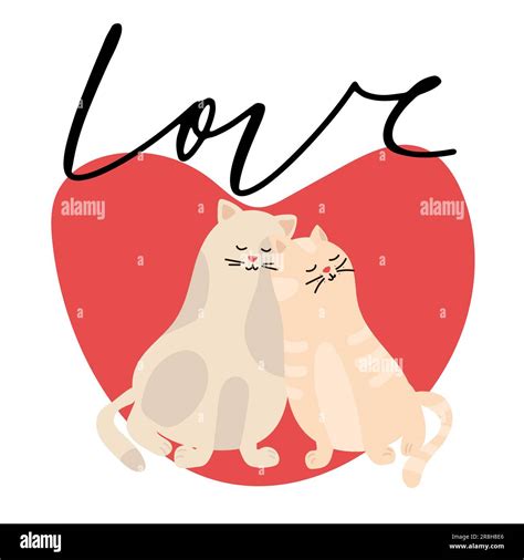 Couple of cats hugging Hand drawn lettering text. Cute cartoon character. Kawaii animal. Love ...