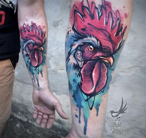 two people with tattoos on their legs holding hands and one has a rooster tattoo on it