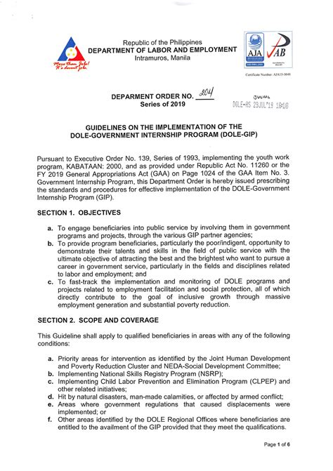 Guidelines on the Implementation of the DOLE-Government Internship Program (DOLE-GIP) - Studocu