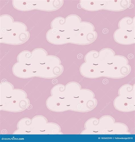 Cute Pink Cloud Seamless Pattern. Hand Drawn Character Cloud Sky ...