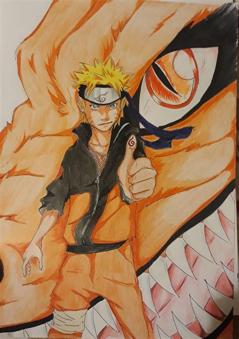 Naruto and Kurama A4 sign pen and colour pencil | Anime character ...