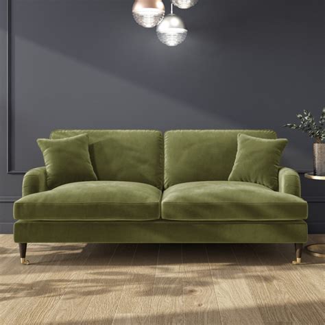 Olive Green Velvet 3 Seater Sofa - Payton - Furniture123