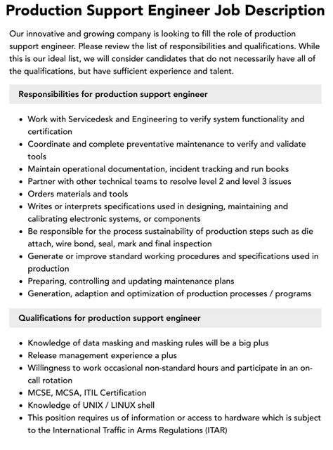 Production Support Engineer Job Description | Velvet Jobs