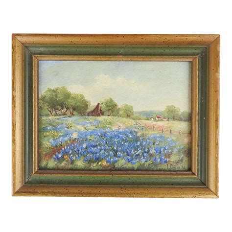 Small Vintage Dimple Crow Texas Bluebonnet Landscape Painting | Chairish