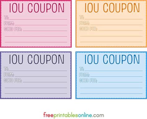 Colorful Free Printable IOU Coupons - Free Printables Online | Free printable coupons, Printable ...