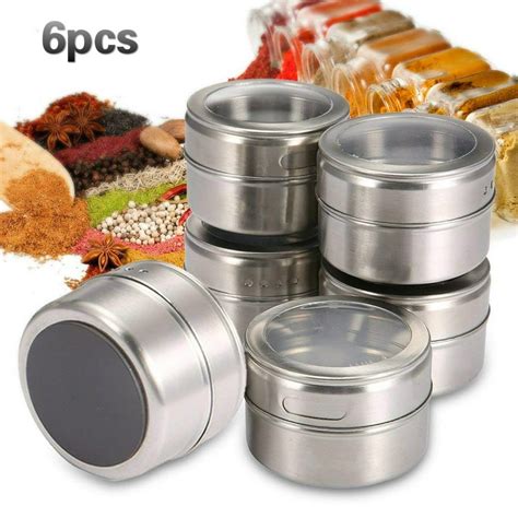 6-Pack Magnetic Spice Tins for Securing to Refrigerator Stainless Steel Multipurpose Jar ...