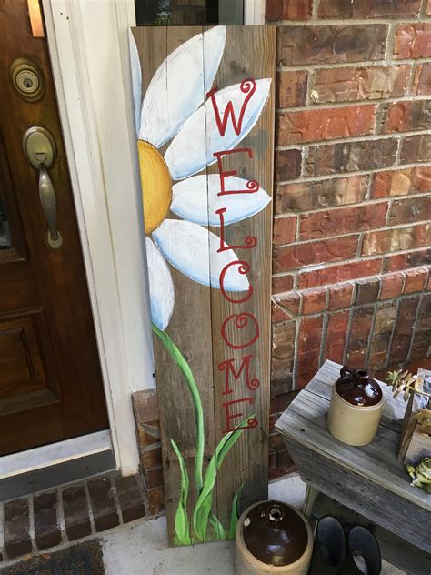 Welcome sign - daisy Welcome Signs Front Door, Wooden Welcome Signs, Diy Wood Signs, Wood Diy ...