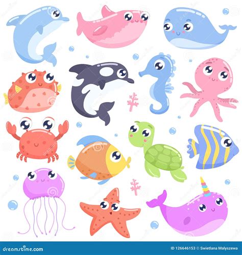 Cute cartoon sea animals. stock illustration. Illustration of creature - 126646153