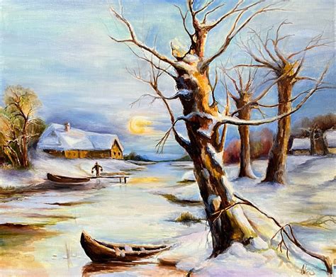 Winter Village Painting,ice River With Boats and Snowy Trees - Etsy