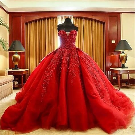 Luxury Red Ball Gown Wedding Dresses Beaded Embroidery Lace Sweetheart ...