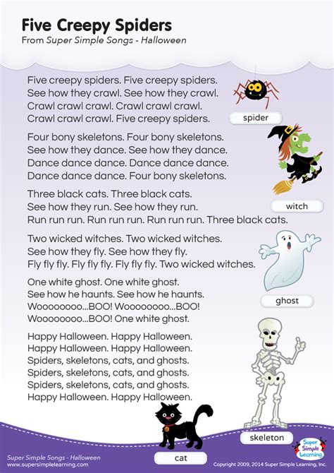 Five Creepy Spiders Lyrics Poster - Super Simple | Preschool songs ...