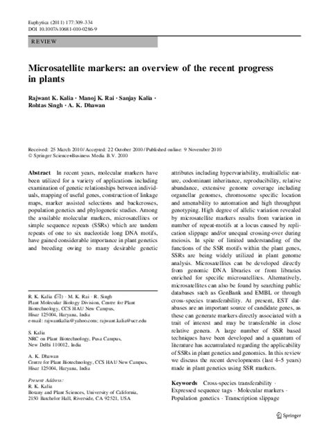 (PDF) Microsatellite markers: an overview of the recent progress in plants | Ashok Dhawan ...