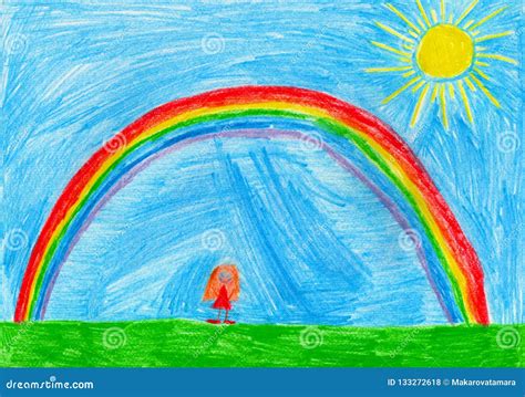 Small Girl Under the Rainbow, Child`s Drawing Stock Illustration ...