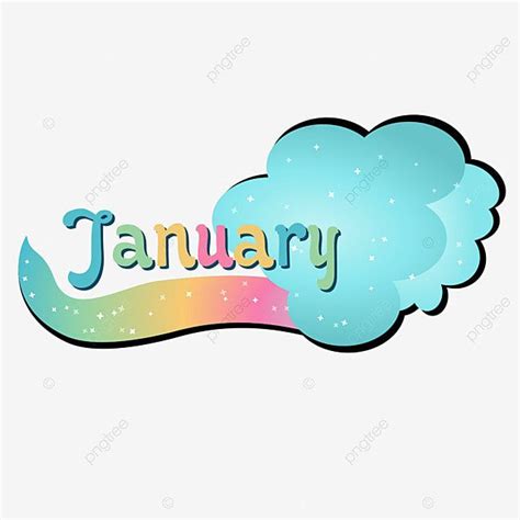 the word january written in colorful clouds and stars on a white background with blue, green,