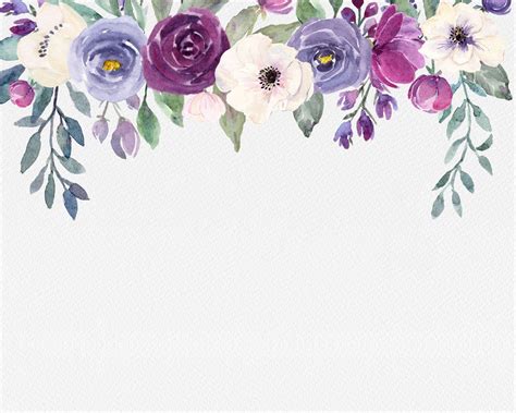 Plum, Purple, Lavender and White Flowers, Bouquets, Floral Drop and Borders, Hand Painted ...