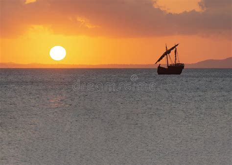 Silhouette of Sailing Ship in the Ocean at Sunset Time.Adventure Concept Stock Image - Image of ...